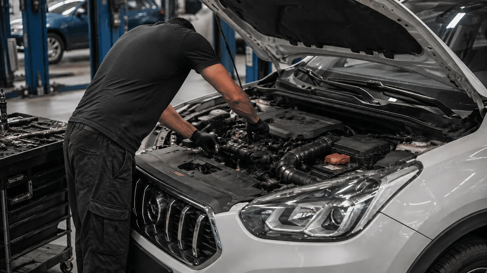 BMW mechanic inspecting an engine bay at a Central Coast European car workshop